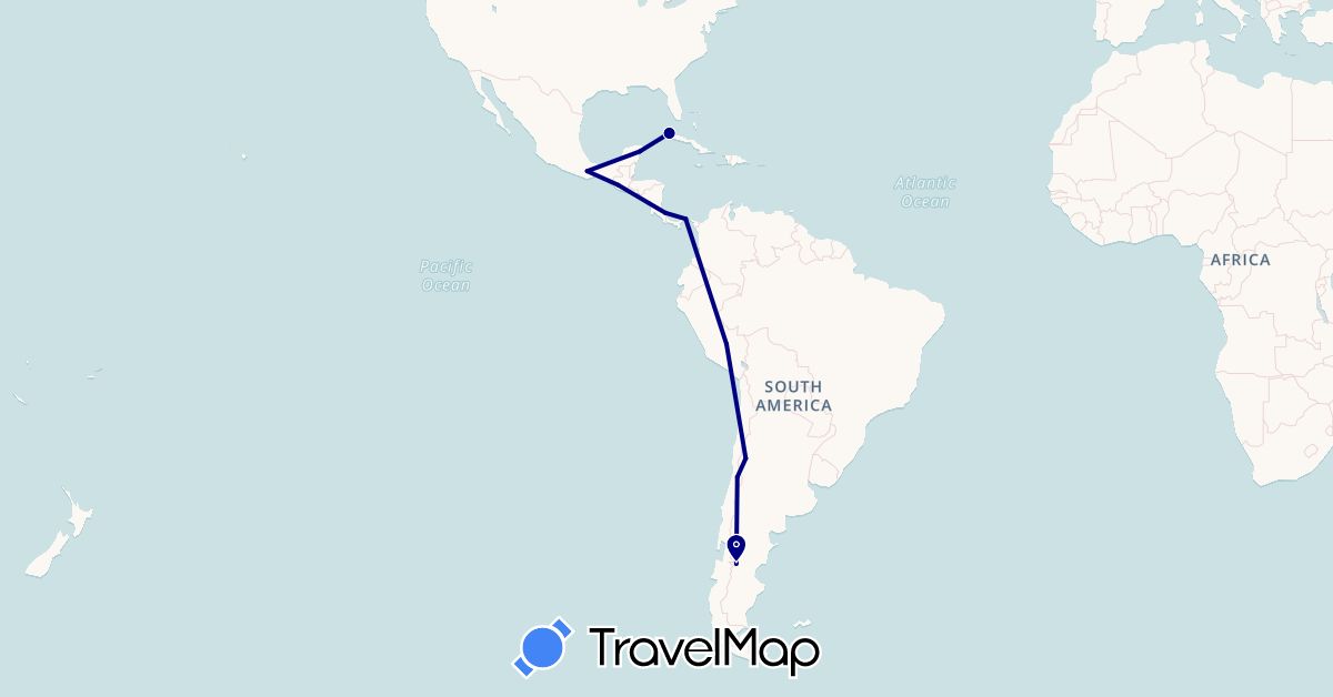 TravelMap itinerary: driving in Argentina, Chile, Costa Rica, Cuba, Guatemala, Mexico, Panama, Peru (North America, South America)